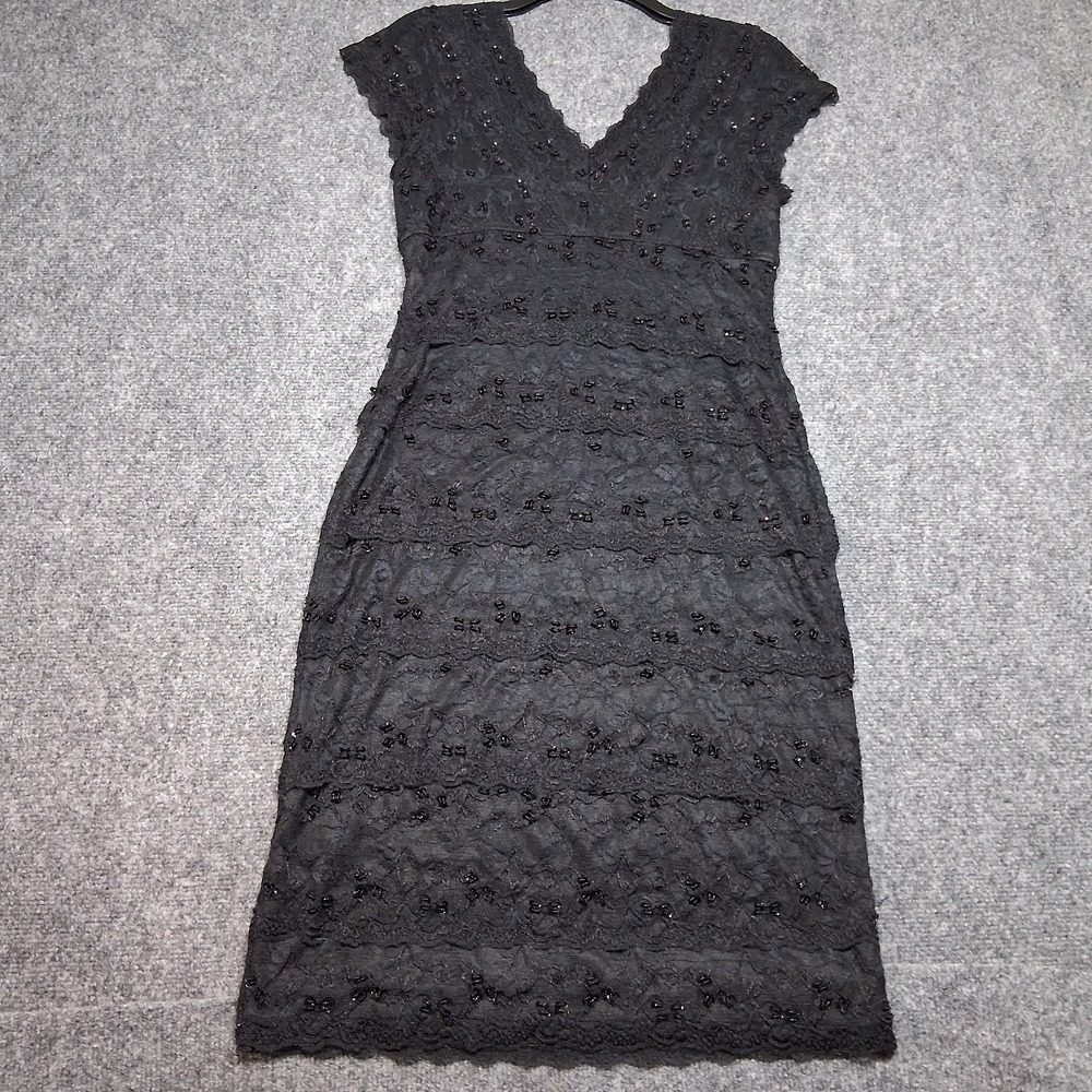 Cindy USA Black Lace Beaded Tiered V-Neck Cocktail Dress Womens Medium LBD - Picture 11 of 11